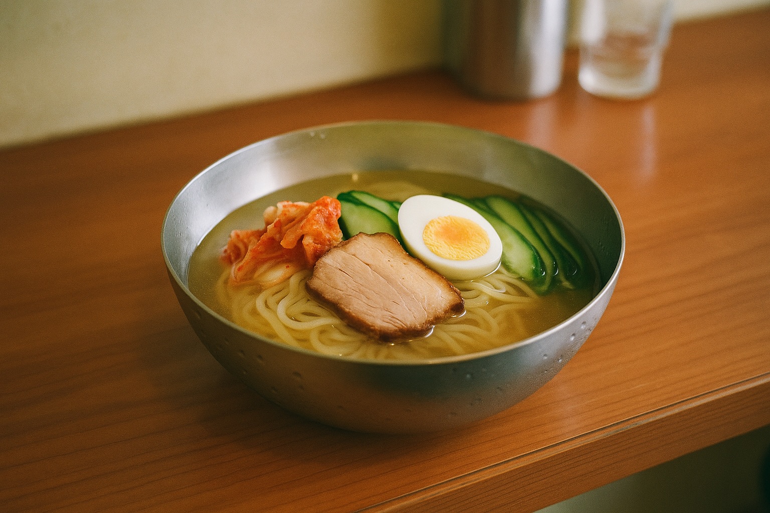 Beppu reimen — cold noodles in chilled broth with chashu and spicy cabbage