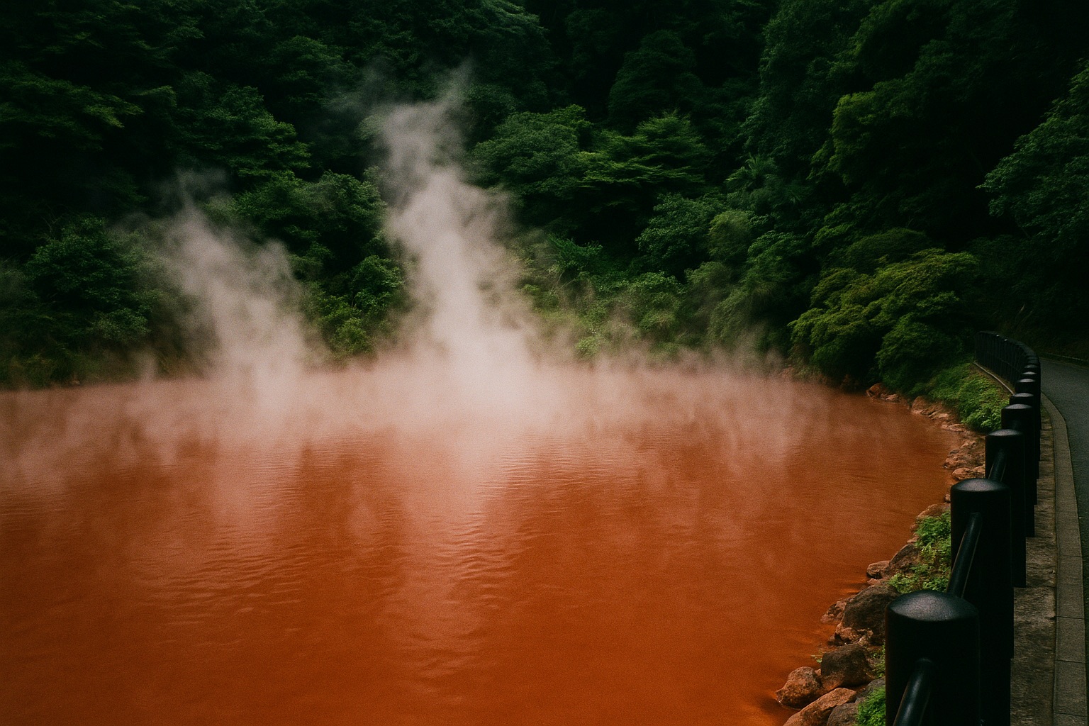 The steaming rust-red water of Blood Pond Hell in Beppu
