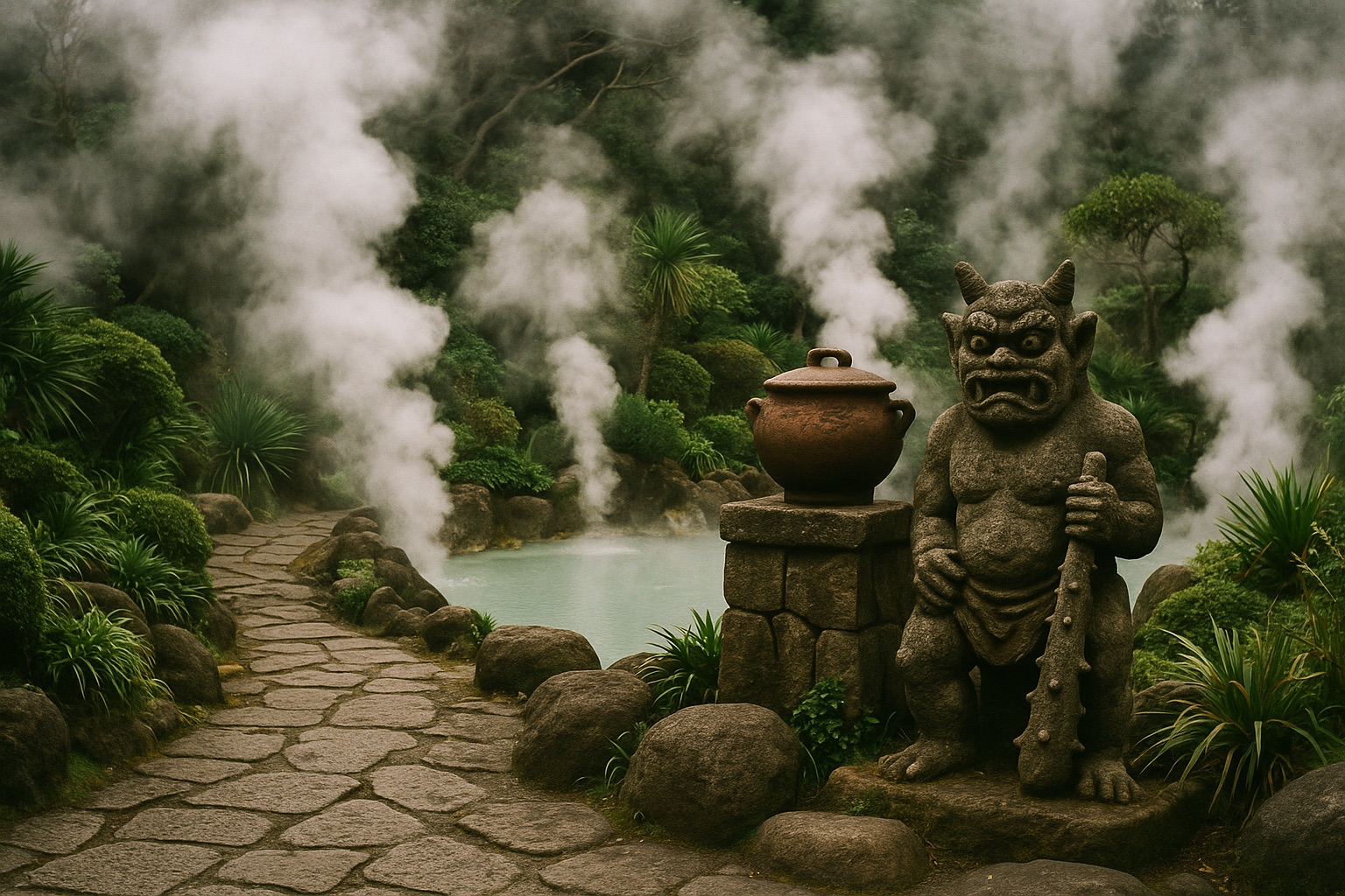 Stone paths winding between steaming pools and an oni statue in a Beppu hell garden