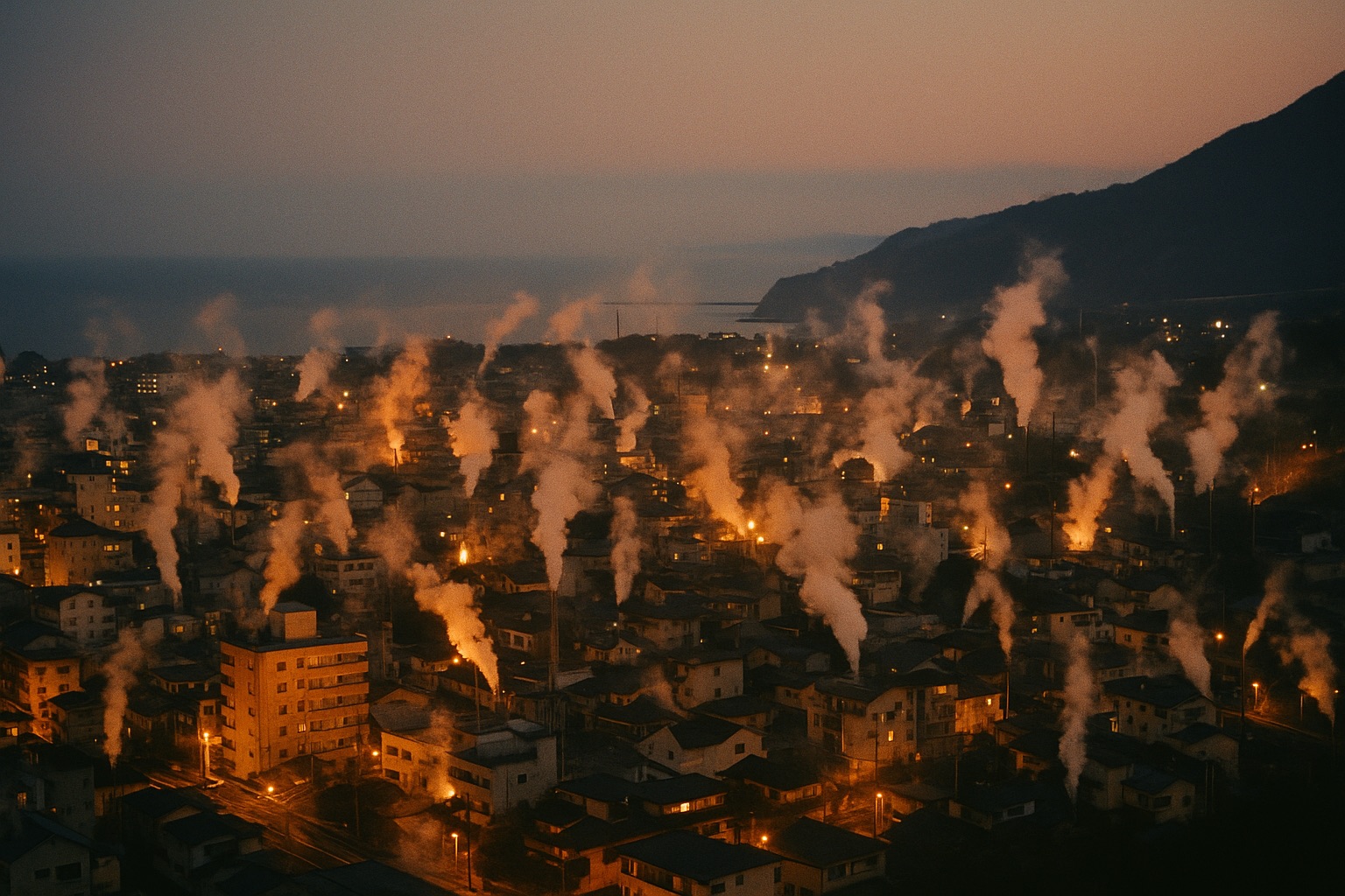Hotels lit up at night around Beppu Station with steam rising in the distance