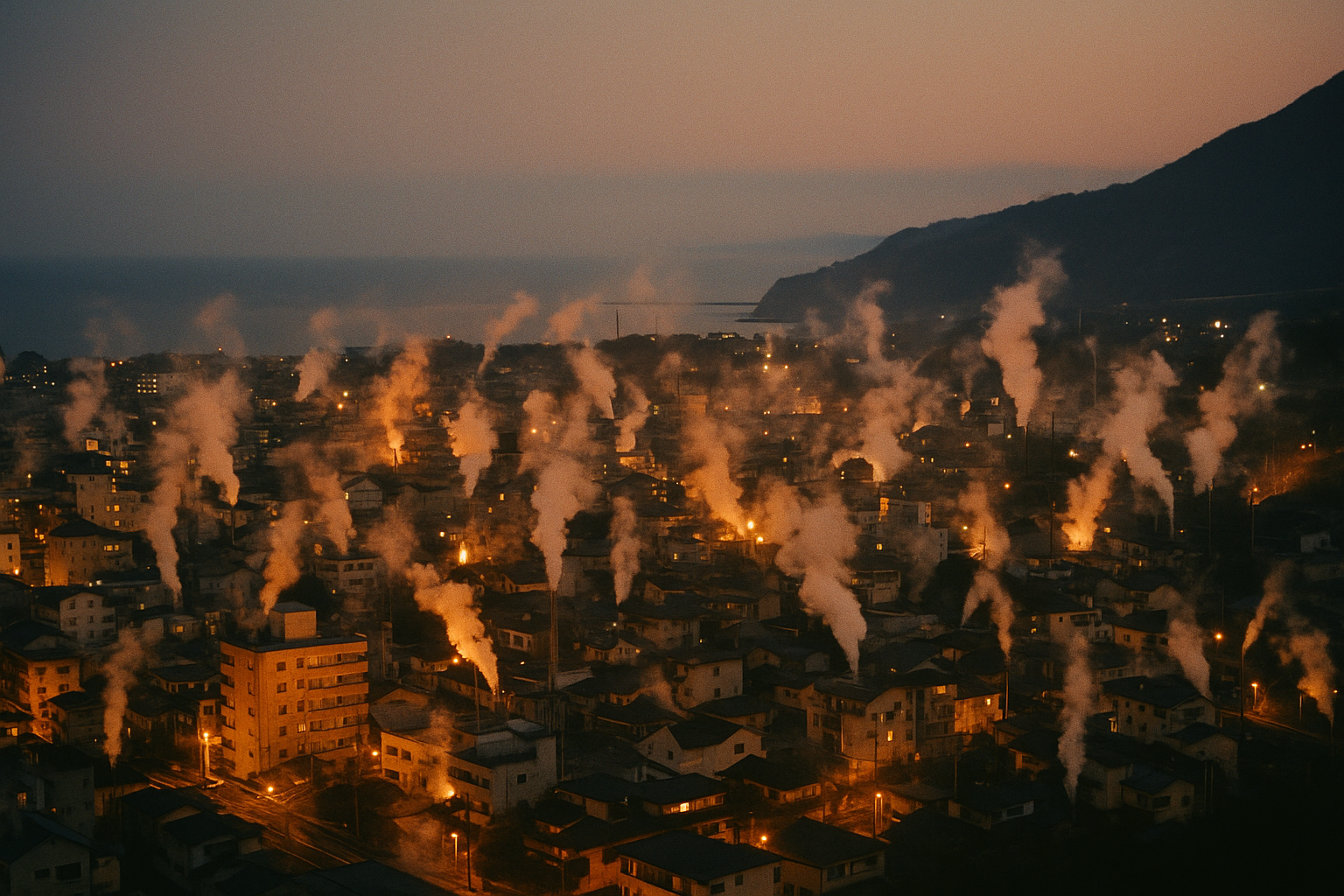 Beppu city at dusk with geothermal steam rising from vents across the city