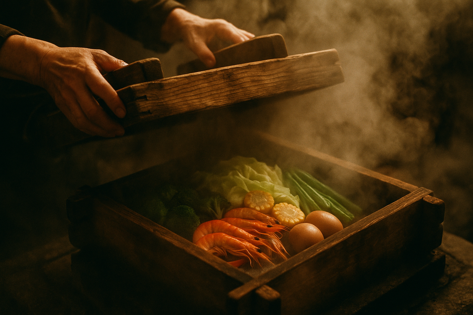 Jigoku mushi hell steaming cooking at Beppu — fresh food cooked in geothermal steam