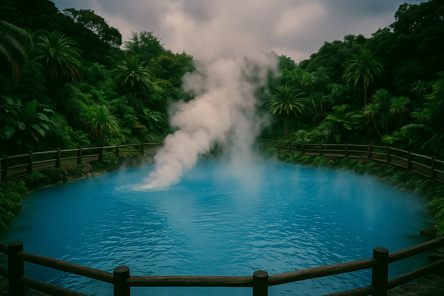 Umi Jigoku (Sea Hell) — a vivid cobalt blue boiling pool surrounded by tropical vegetation