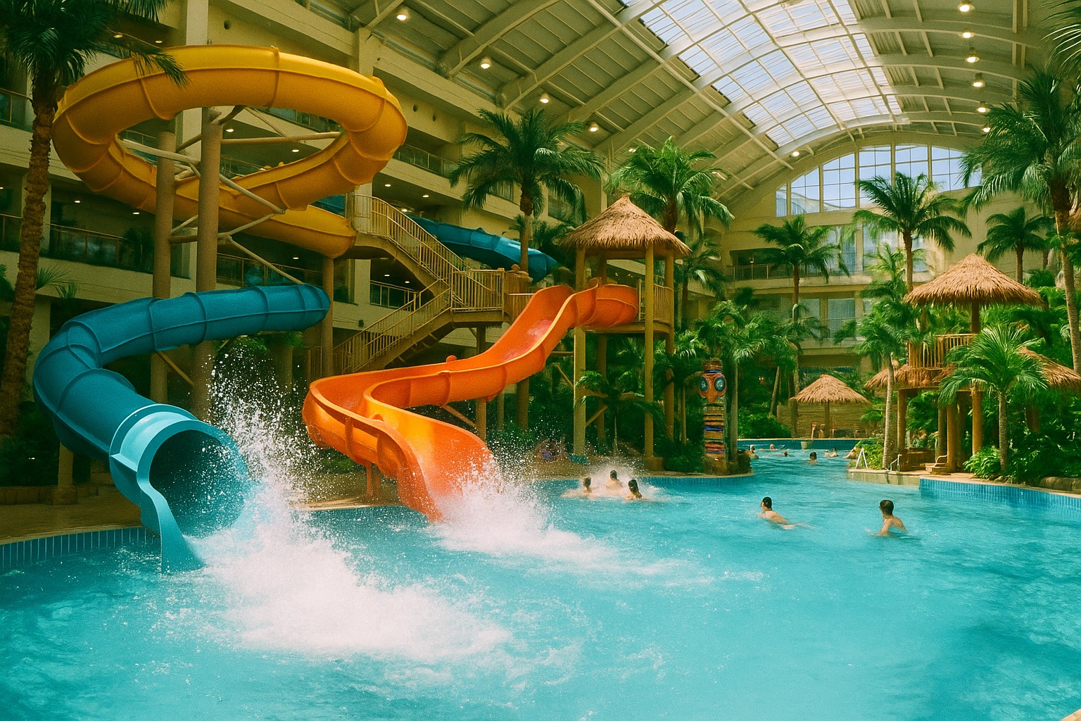 Aquabeat indoor waterpark at Suginoi Hotel — colorful slides and pool