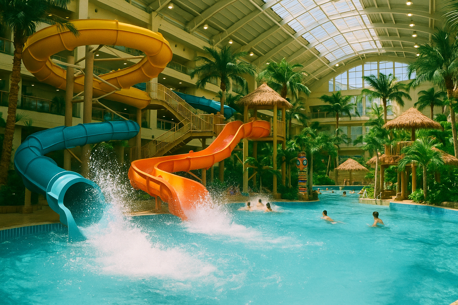 Aquabeat indoor waterpark at Suginoi Hotel — colorful slides and pool