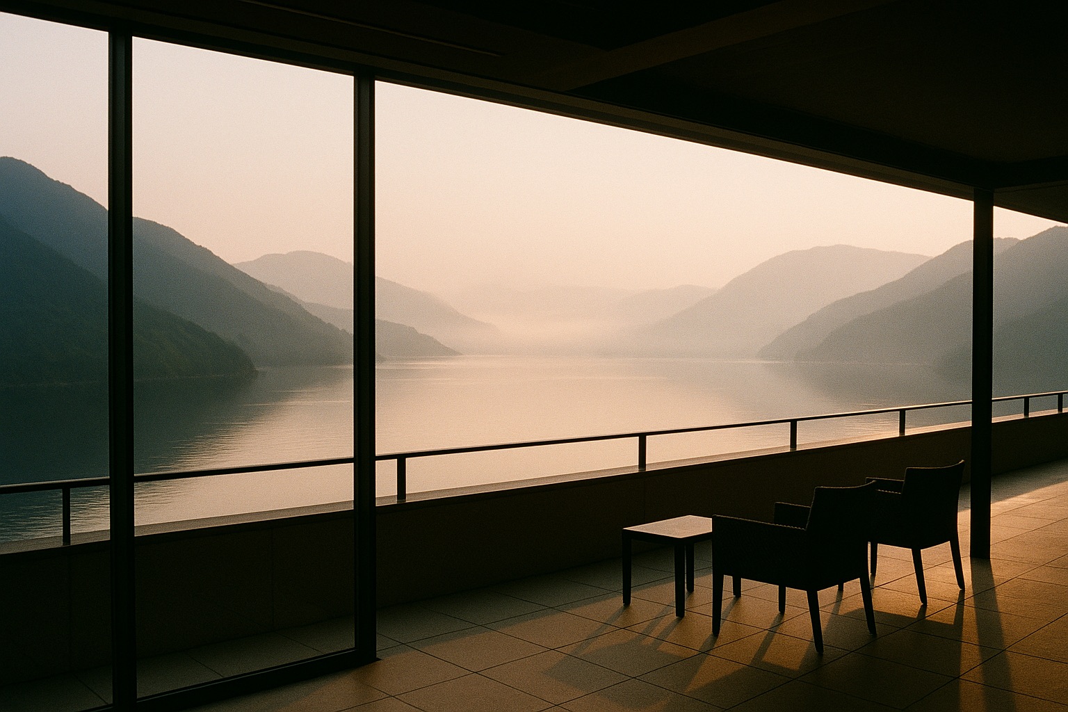 A ryokan room in Beppu with a private open-air bath overlooking the bay at dusk