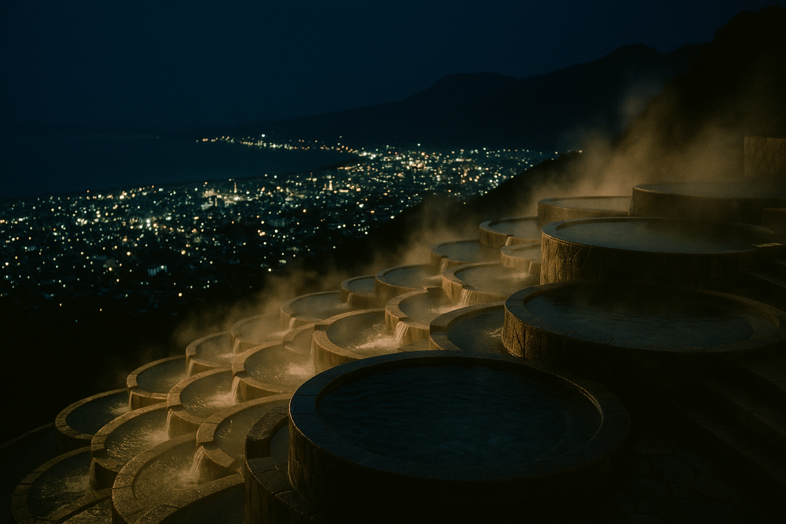 Terraced outdoor hot spring pools at Suginoi Hotel overlooking Beppu city lights at night