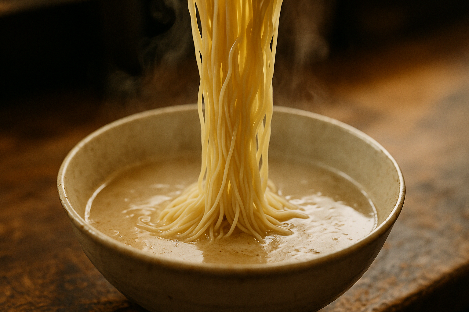 Kaedama — extra noodle refill being lowered into a bowl of tonkotsu broth