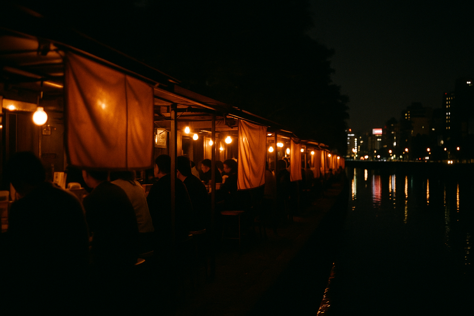 Row of Fukuoka yatai stalls glowing at night along the Naka River