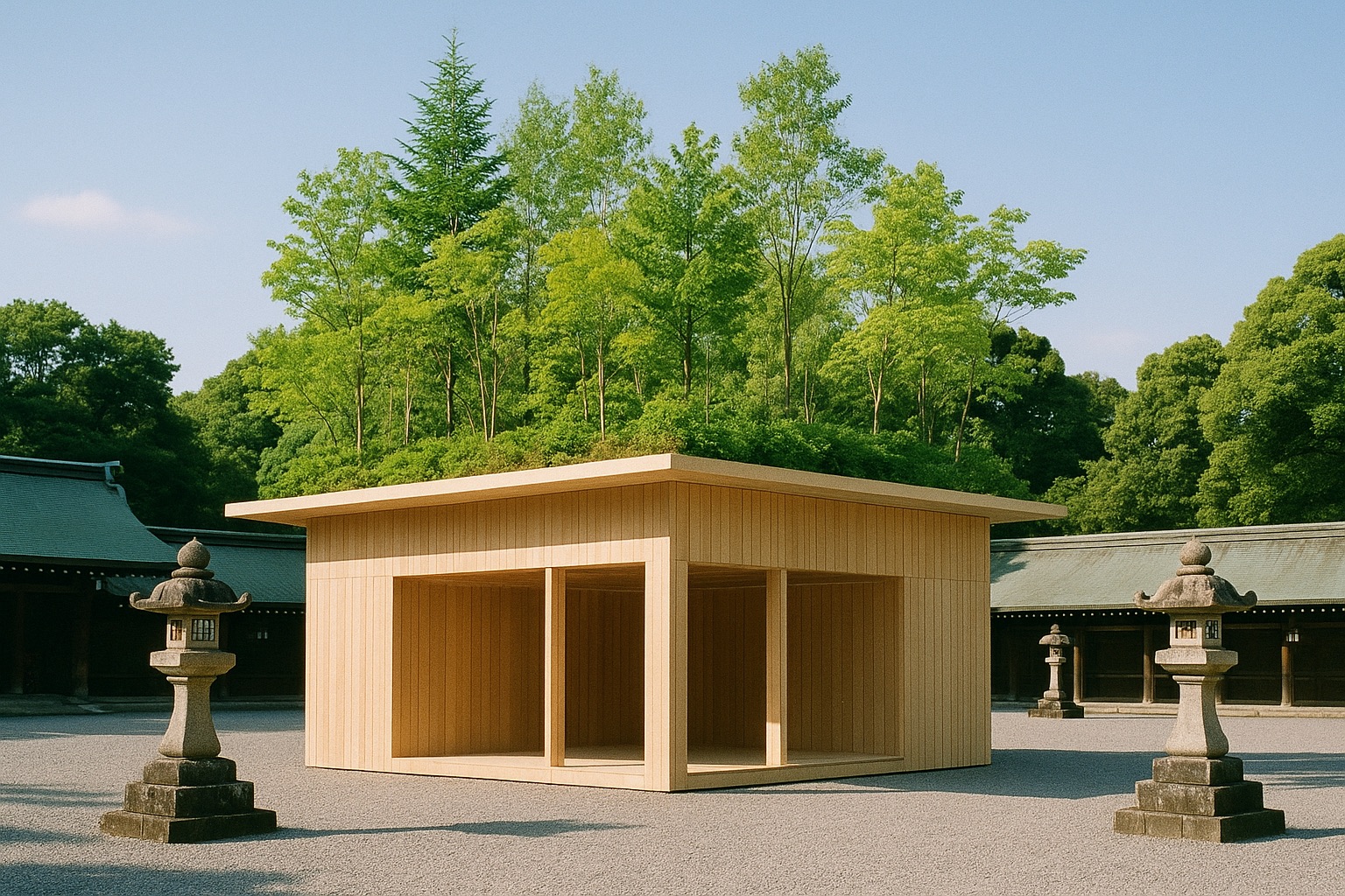 The temporary shrine hall at Dazaifu Tenmangu with a living forest growing on its roof