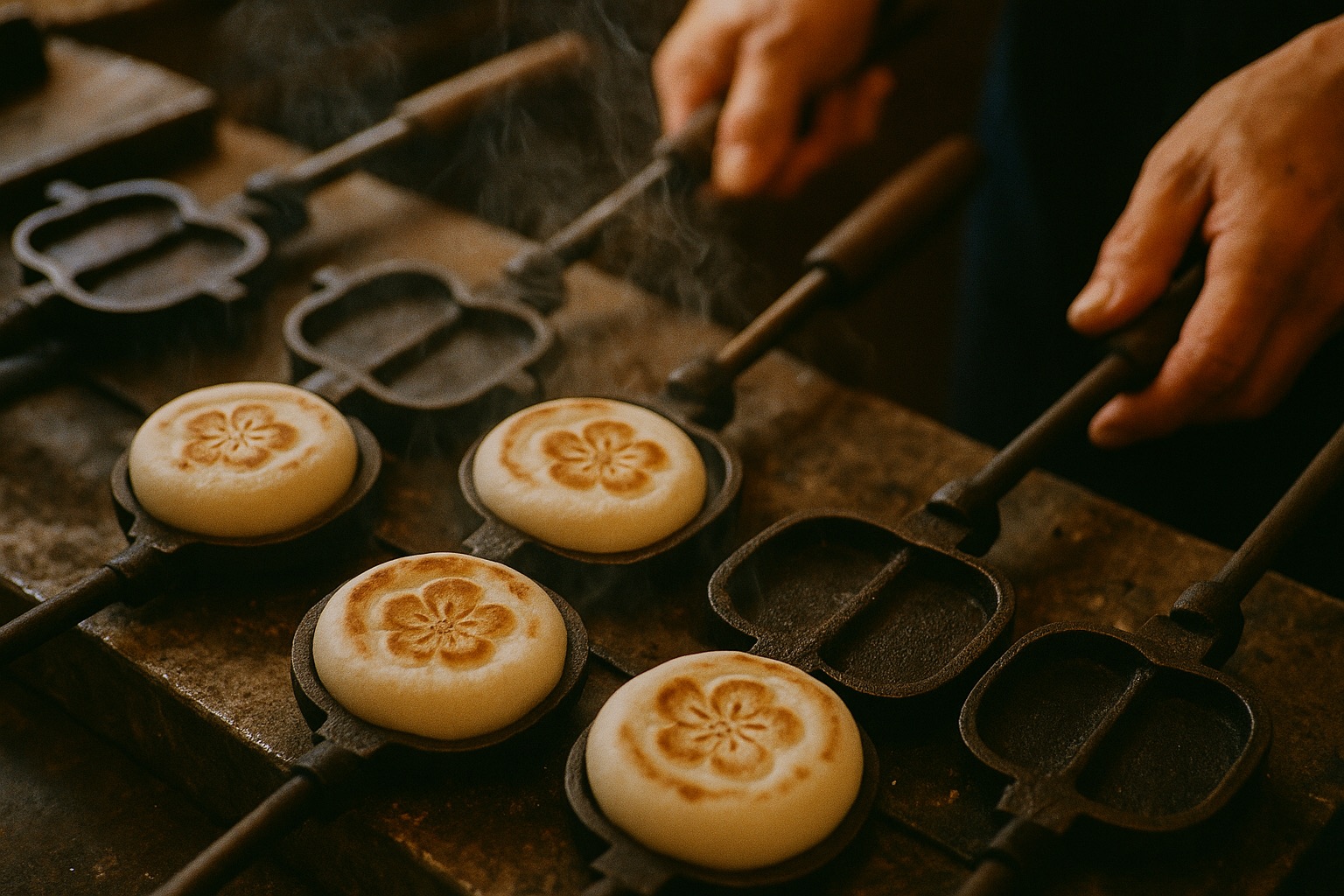 Umegae-mochi rice cakes being grilled in cast-iron molds at a Dazaifu shop