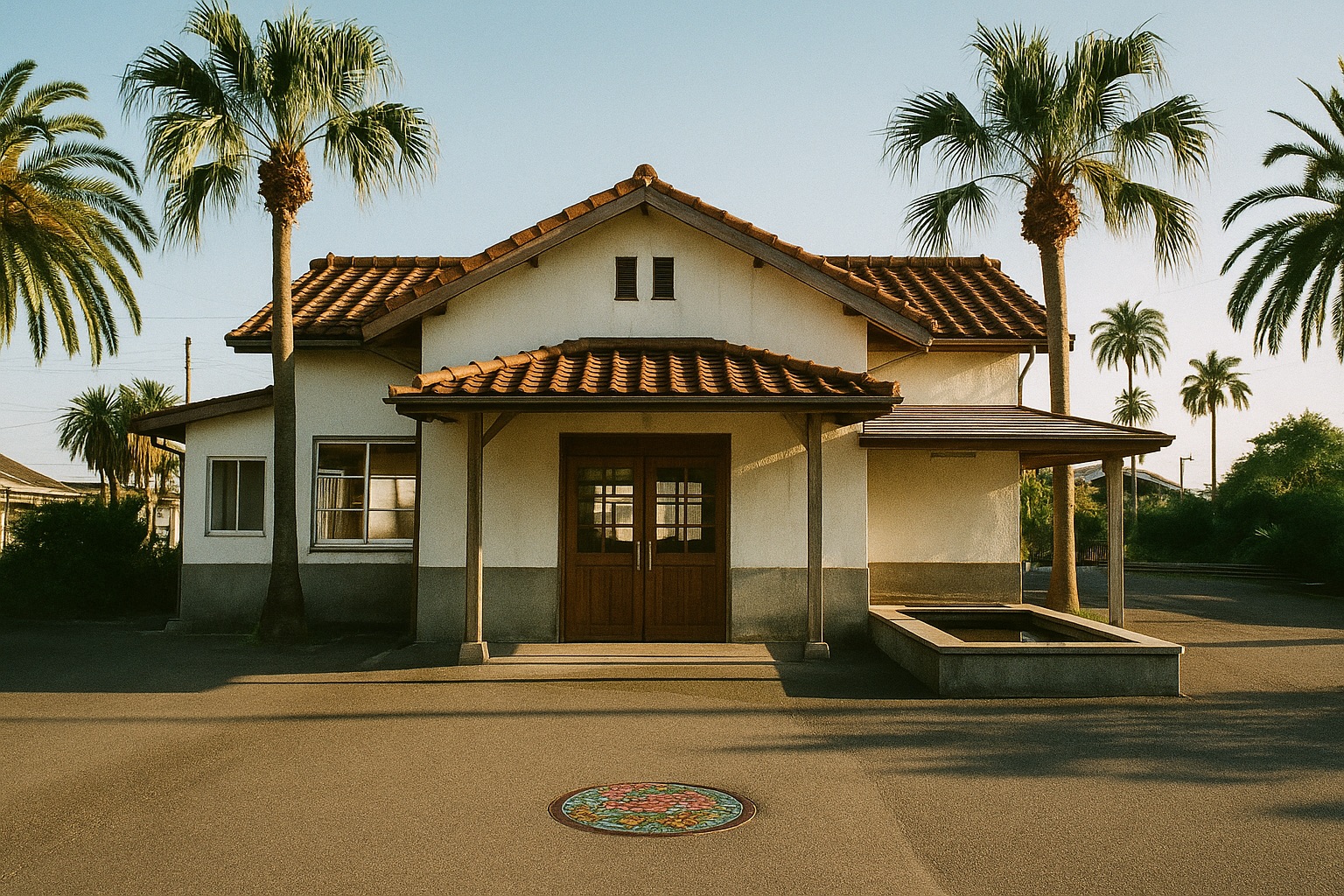 JR Ibusuki station with palm trees and a decorated manhole cover out front