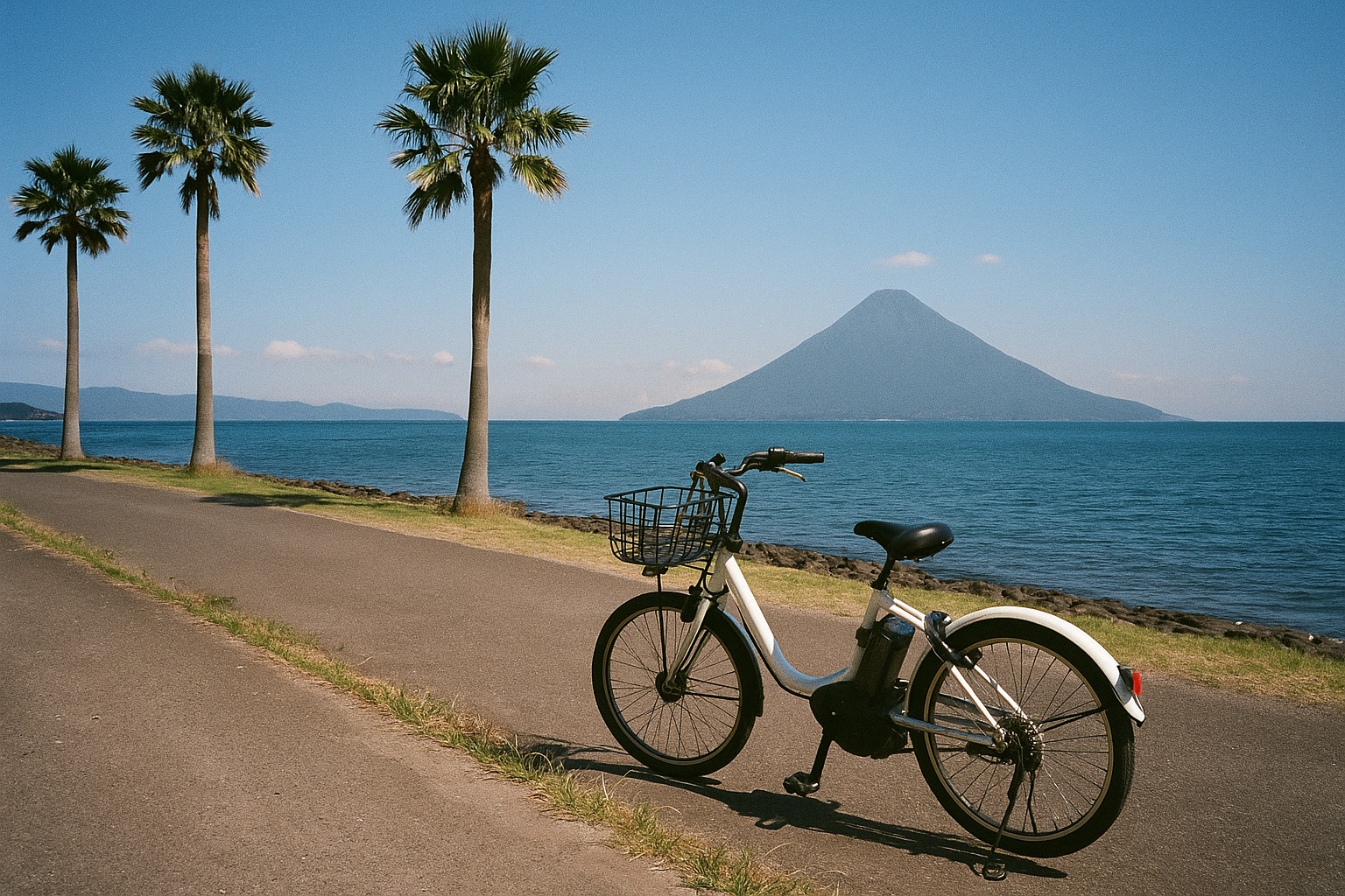 A rental e-bike on the Ibusuki coast with Mount Kaimon in the distance