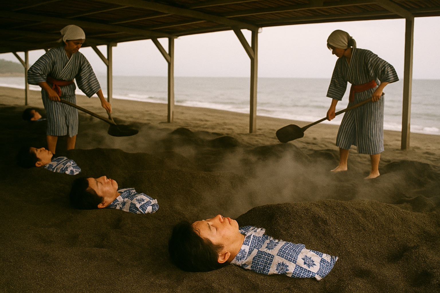 Bathers in yukata buried up to their necks in volcanic sand at Ibusuki