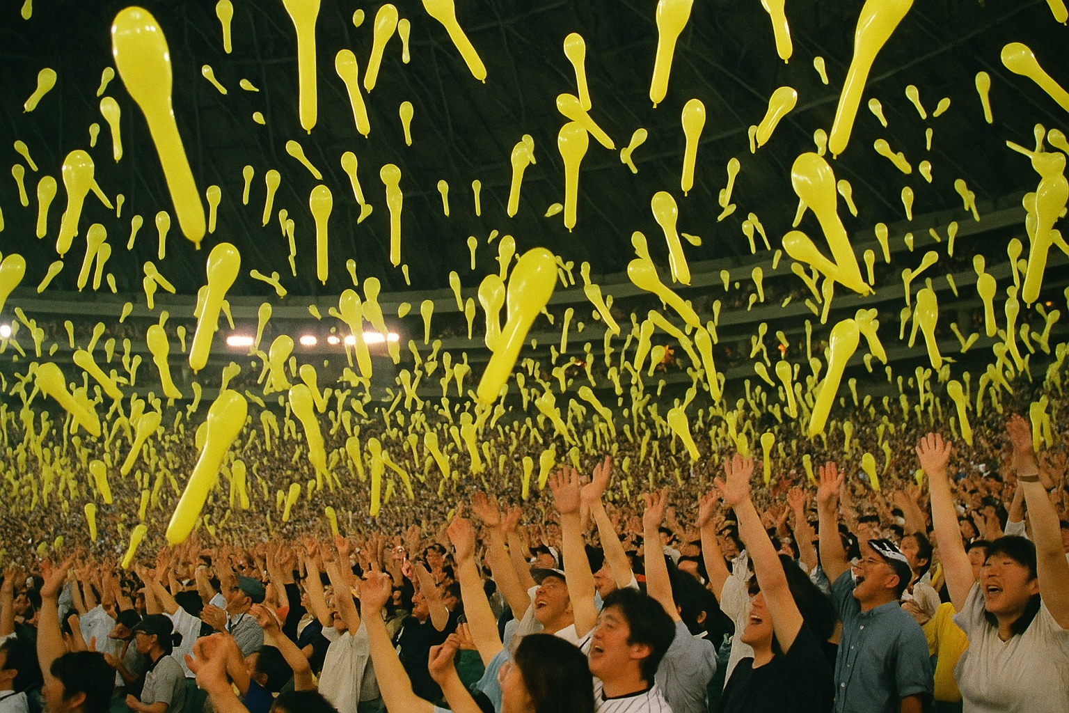 Thousands of balloons released by the crowd during the seventh-inning celebration