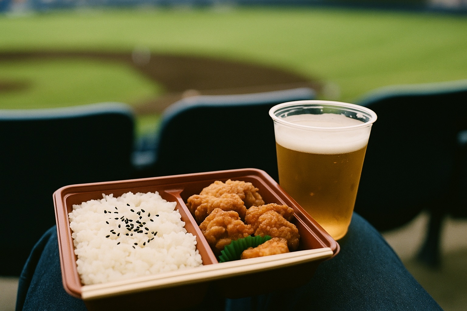 Japanese stadium bento and draft beer with the field in the background