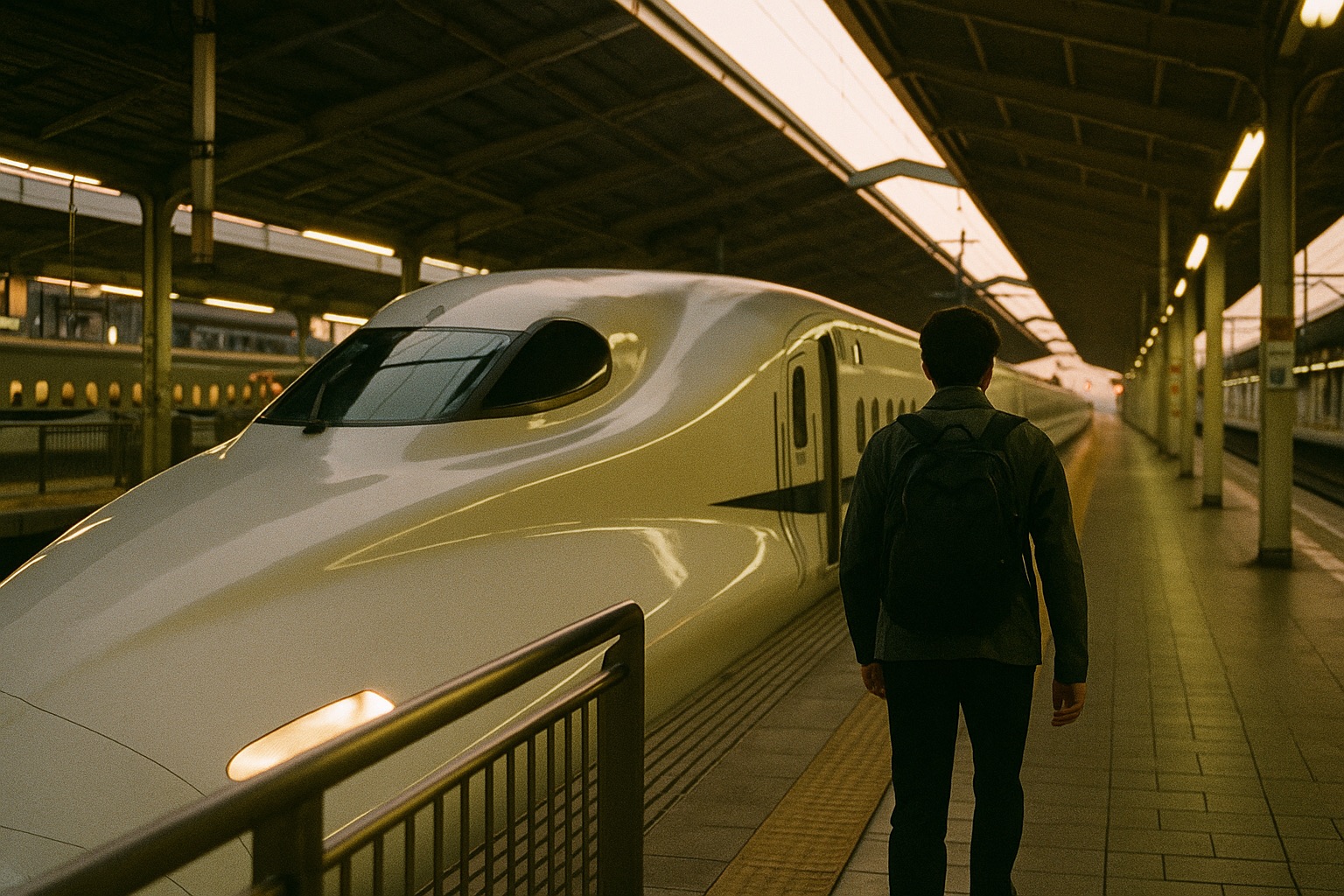 A shinkansen waiting at a Hakata Station platform in the early morning