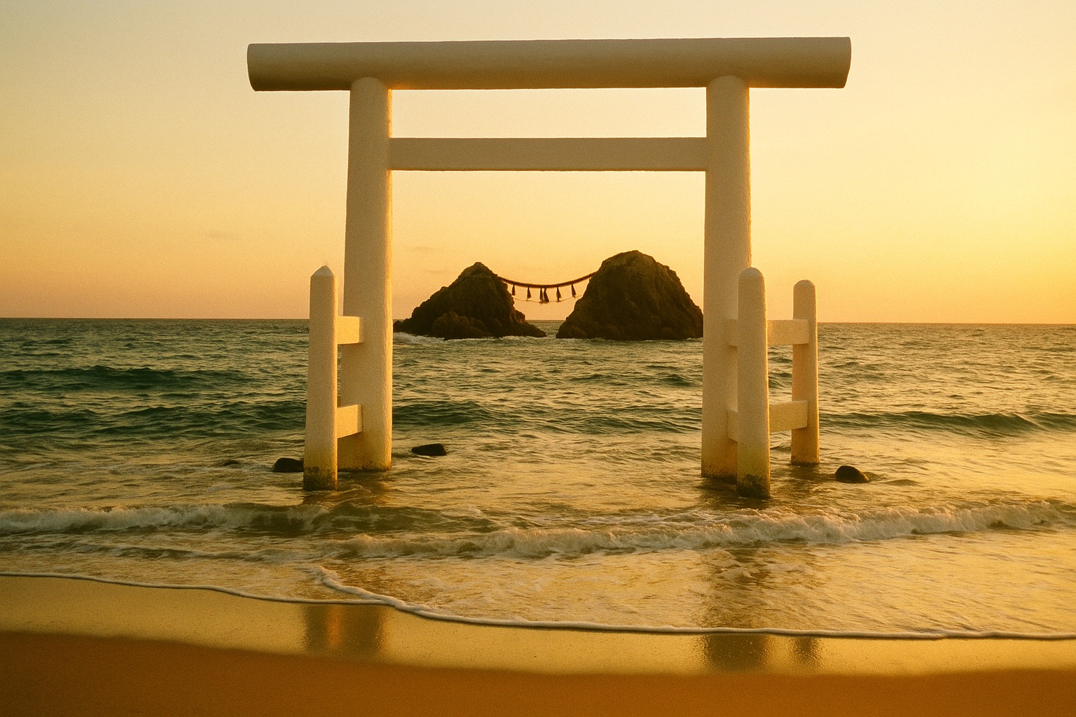 The white torii gate standing in the sea at Itoshima near Fukuoka