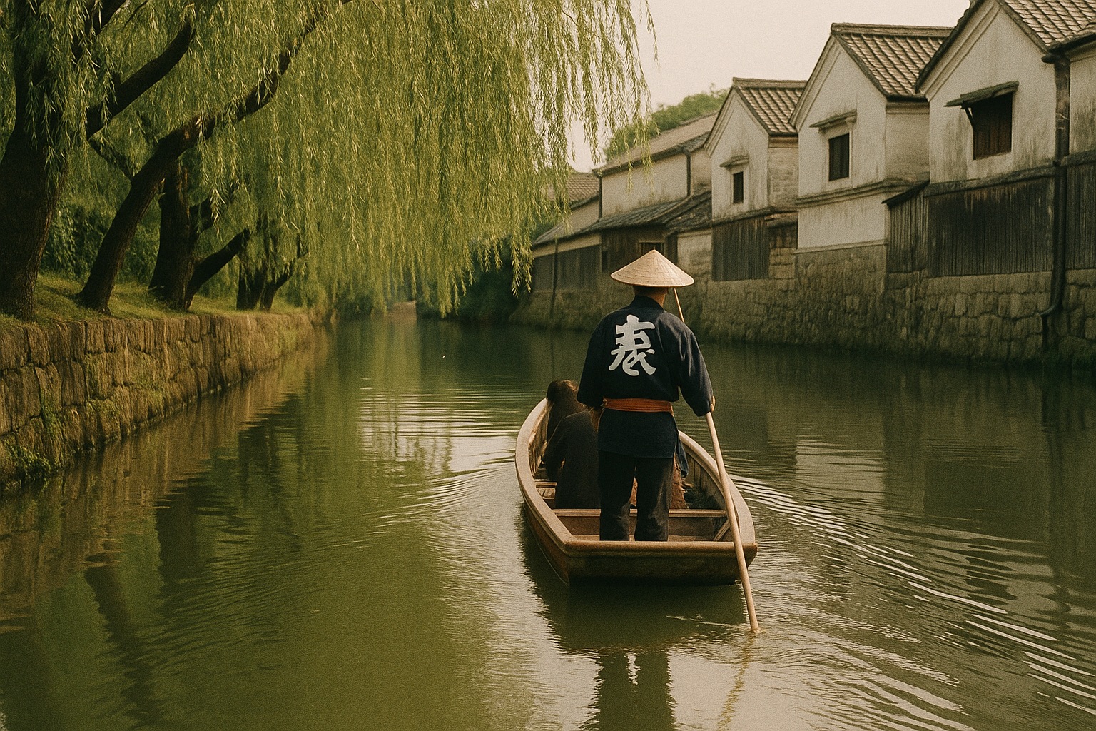 A flat-bottomed punt boat gliding along a willow-lined canal in Yanagawa