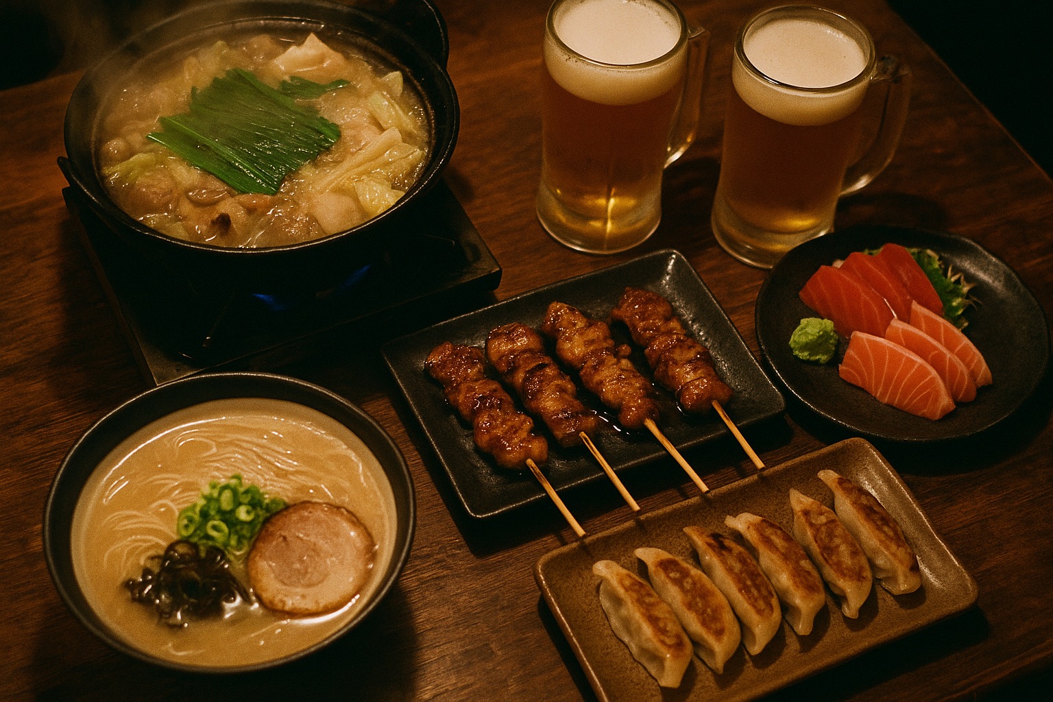 A table covered with Fukuoka's iconic dishes — ramen, motsunabe, sashimi and more