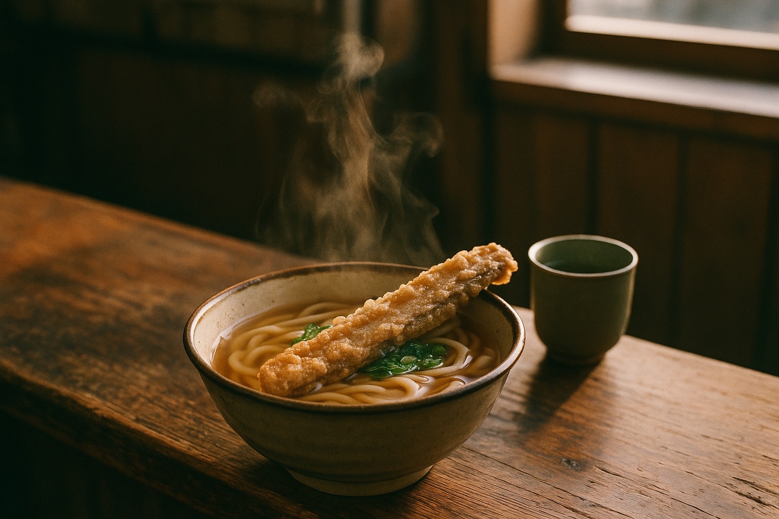 Hakata udon with gobou-ten burdock tempura in morning light