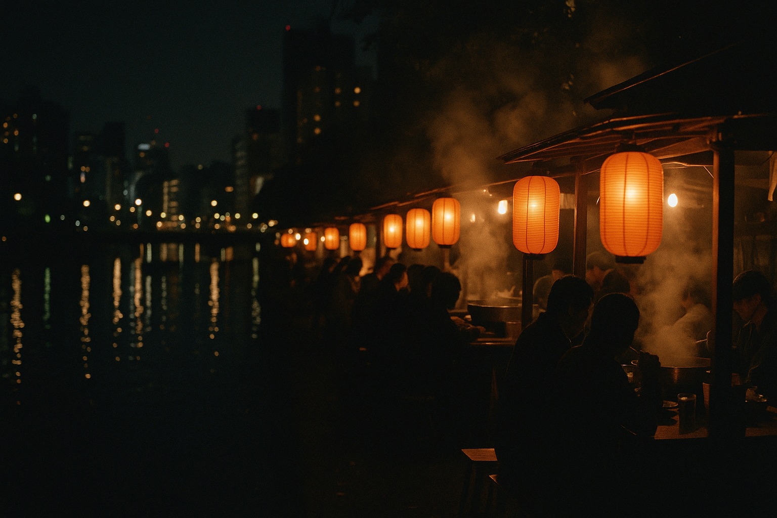 Fukuoka yatai stalls glowing by the Naka River at night