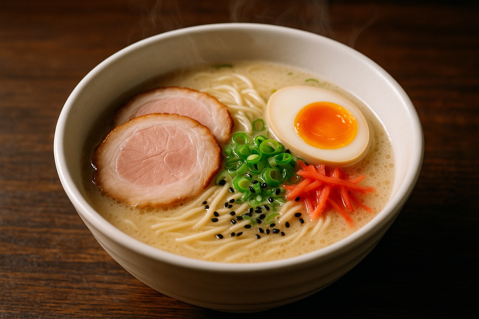 Bowl of Hakata tonkotsu ramen with milky white broth and thin noodles