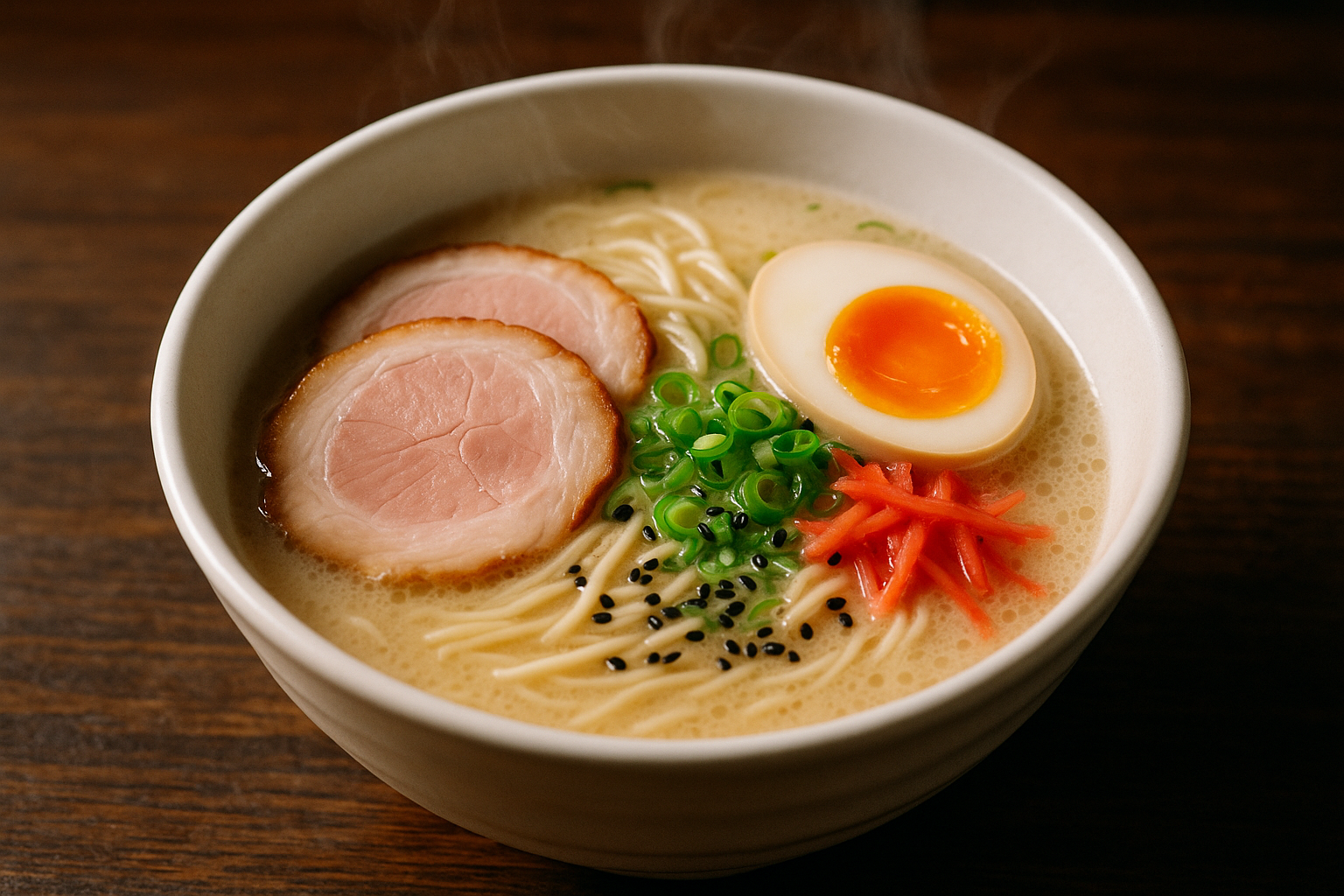 Bowl of Hakata tonkotsu ramen with milky white broth and thin noodles