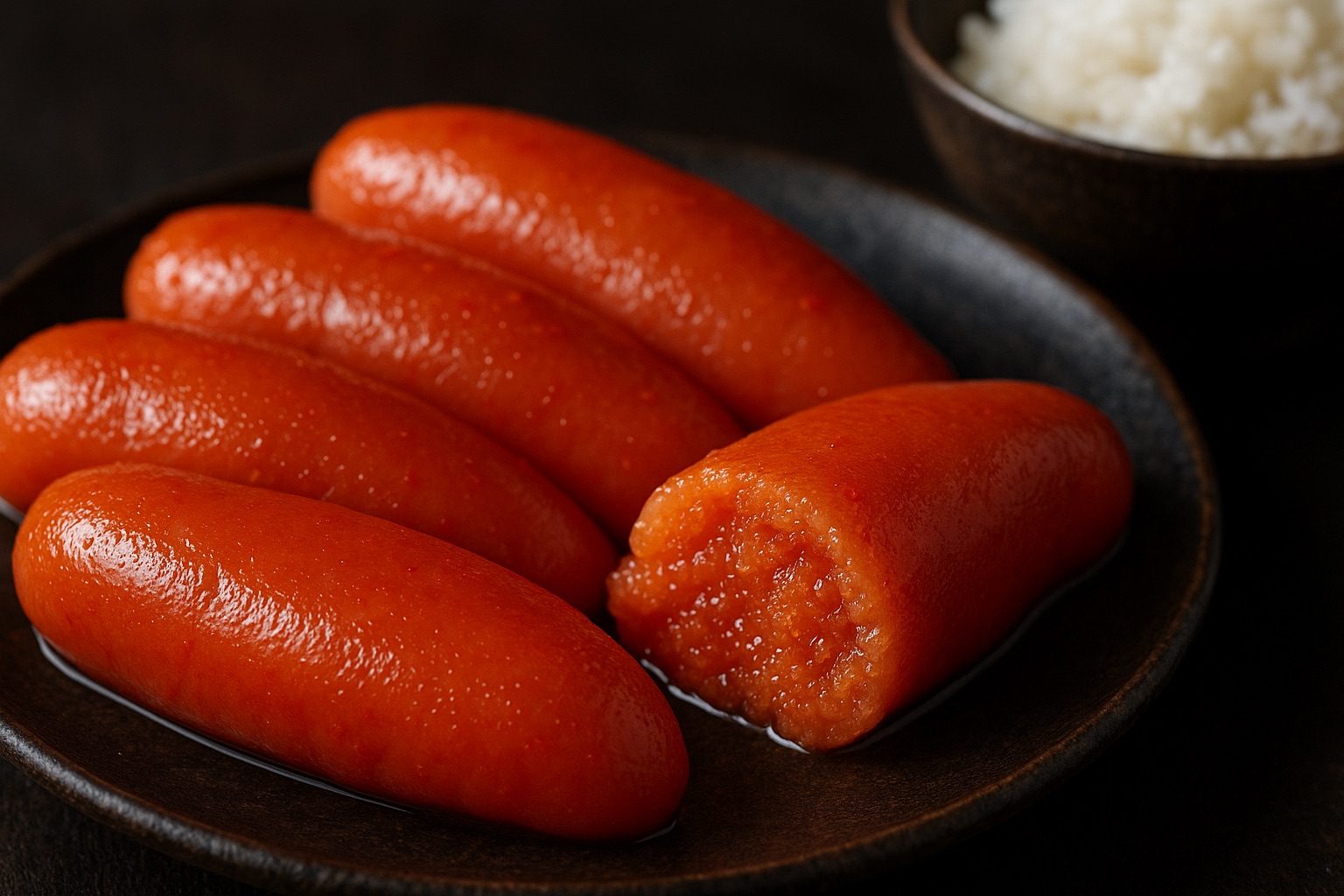 Fresh mentaiko spicy cod roe arranged on dark ceramic plate