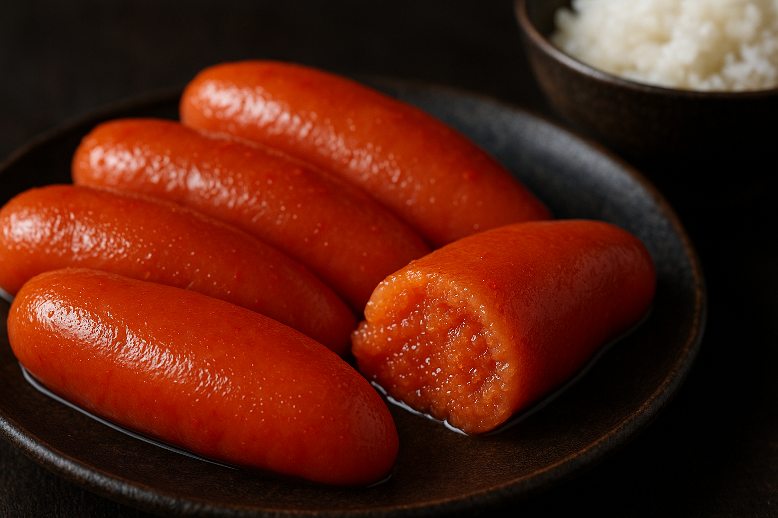 Fresh mentaiko spicy cod roe arranged on dark ceramic plate