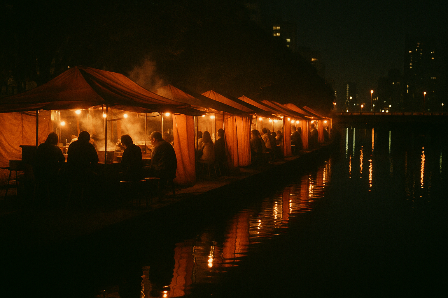 Fukuoka yatai street food stalls at night along the Naka River