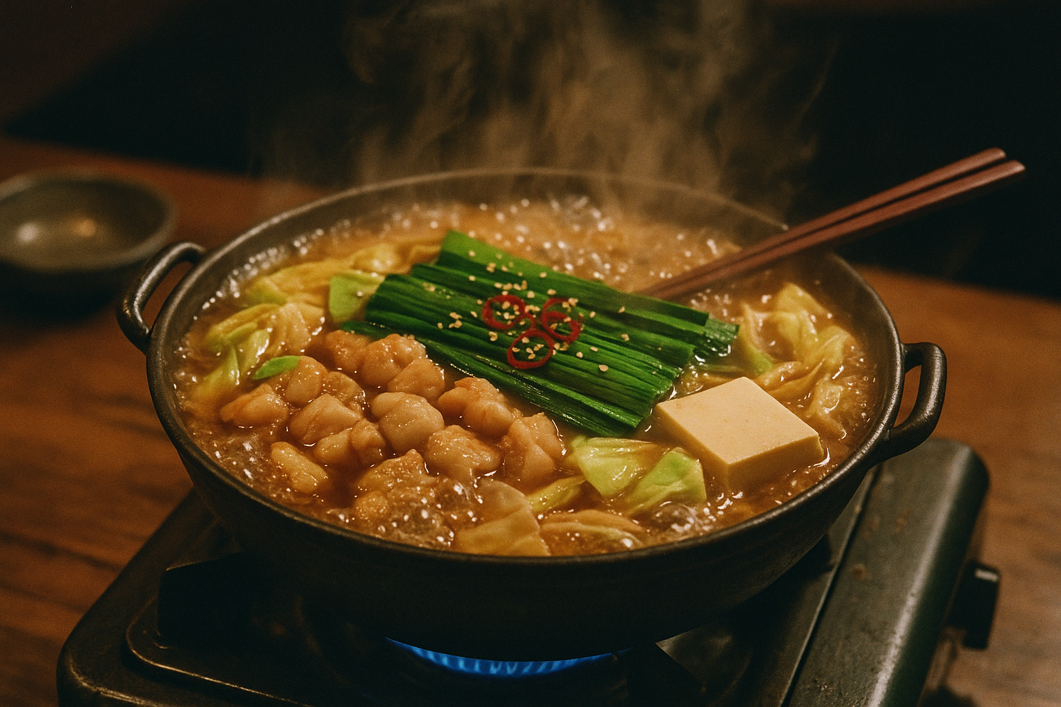 Fukuoka motsunabe hot pot bubbling with beef offal, cabbage, and garlic chives