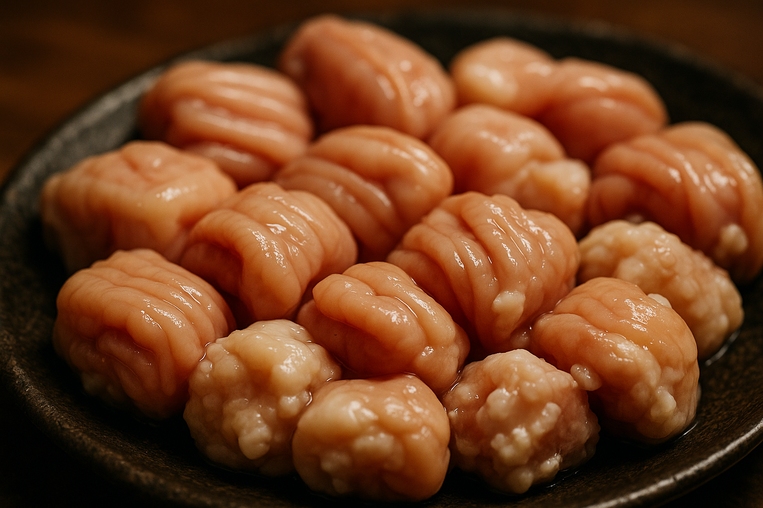 Fresh raw beef offal for motsunabe on a dark ceramic plate