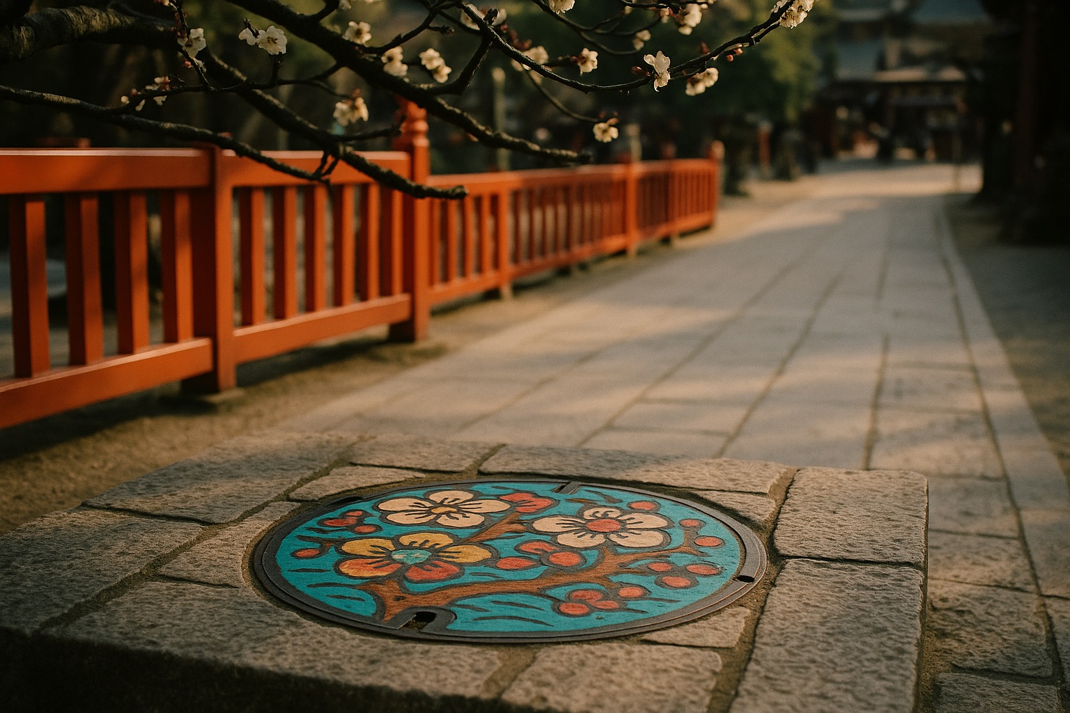 A painted manhole cover near the shrine approach in Dazaifu with plum branches above