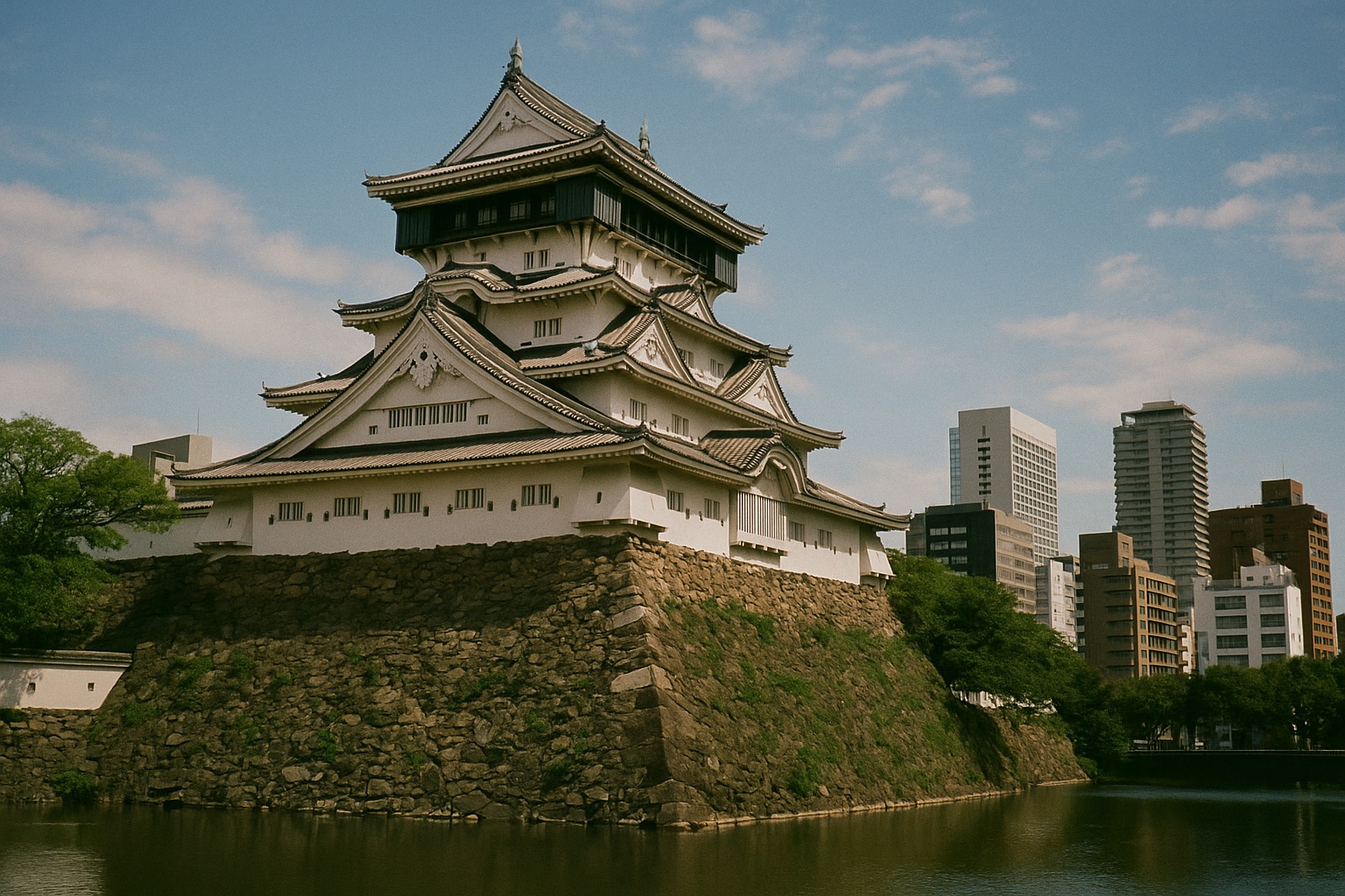 Kokura Castle keep rising over its moat with the modern city behind