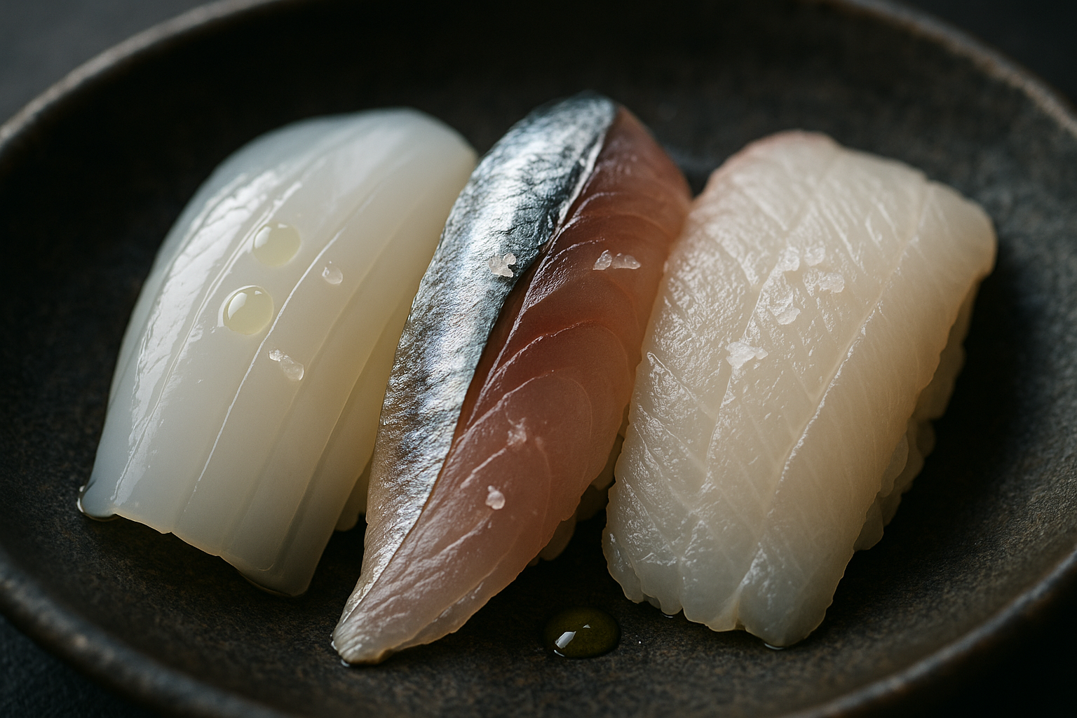 Fresh Kyushu seafood arranged on dark ceramic: translucent squid, silver-skinned aji, and white fish dressed with kabosu citrus