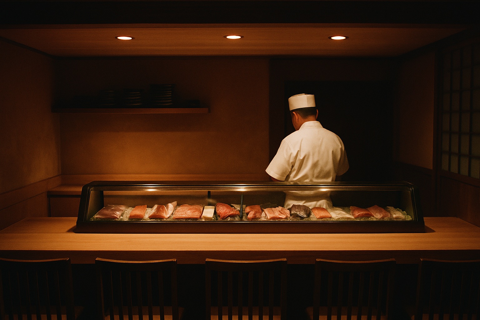 A traditional Japanese sushi counter in Fukuoka at dinner service, six cypress wood seats, warm amber lighting