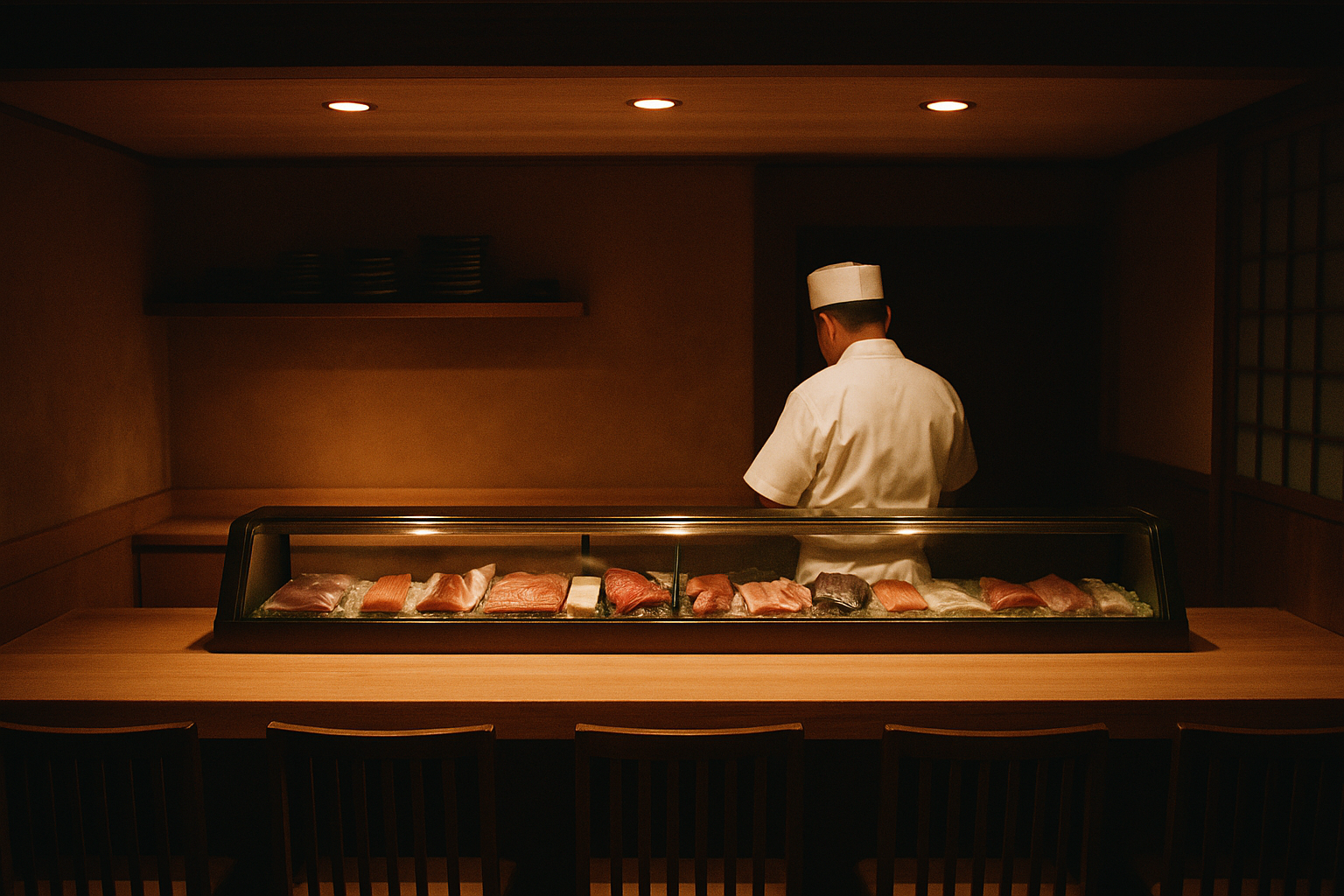 A traditional Japanese sushi counter in Fukuoka at dinner service, six cypress wood seats, warm amber lighting