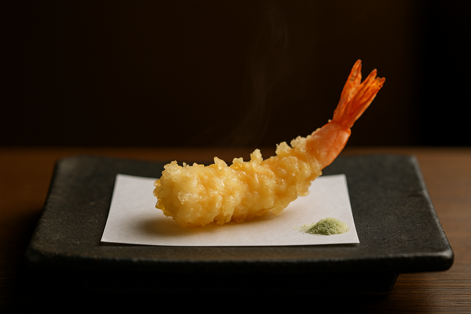 A single piece of ebi shrimp tempura at a Michelin-starred counter, impossibly light golden batter on dark ceramic with matcha salt