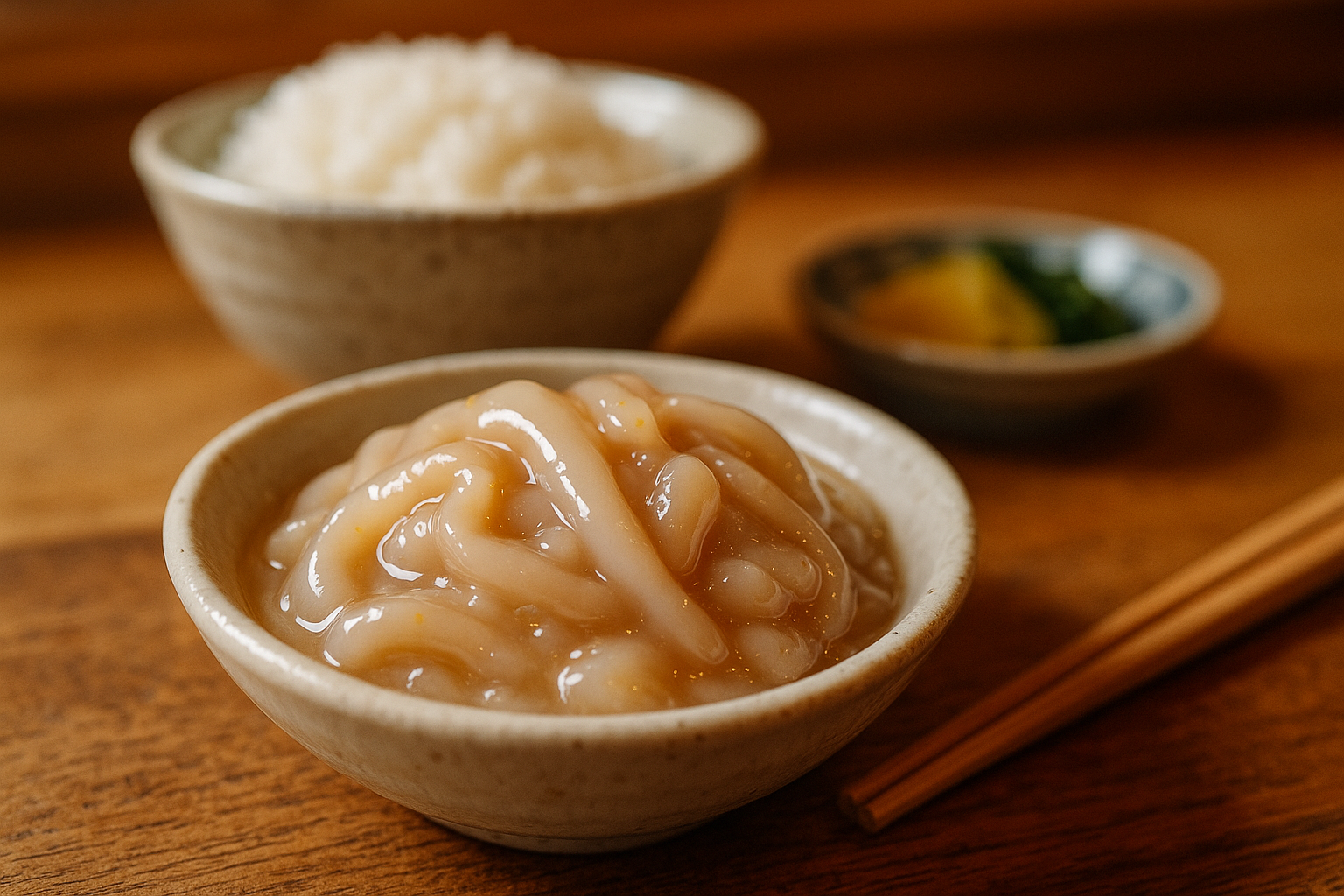 Ika shiokara — Japanese fermented squid with yuzu citrus — in a small white ceramic dish beside a bowl of white rice