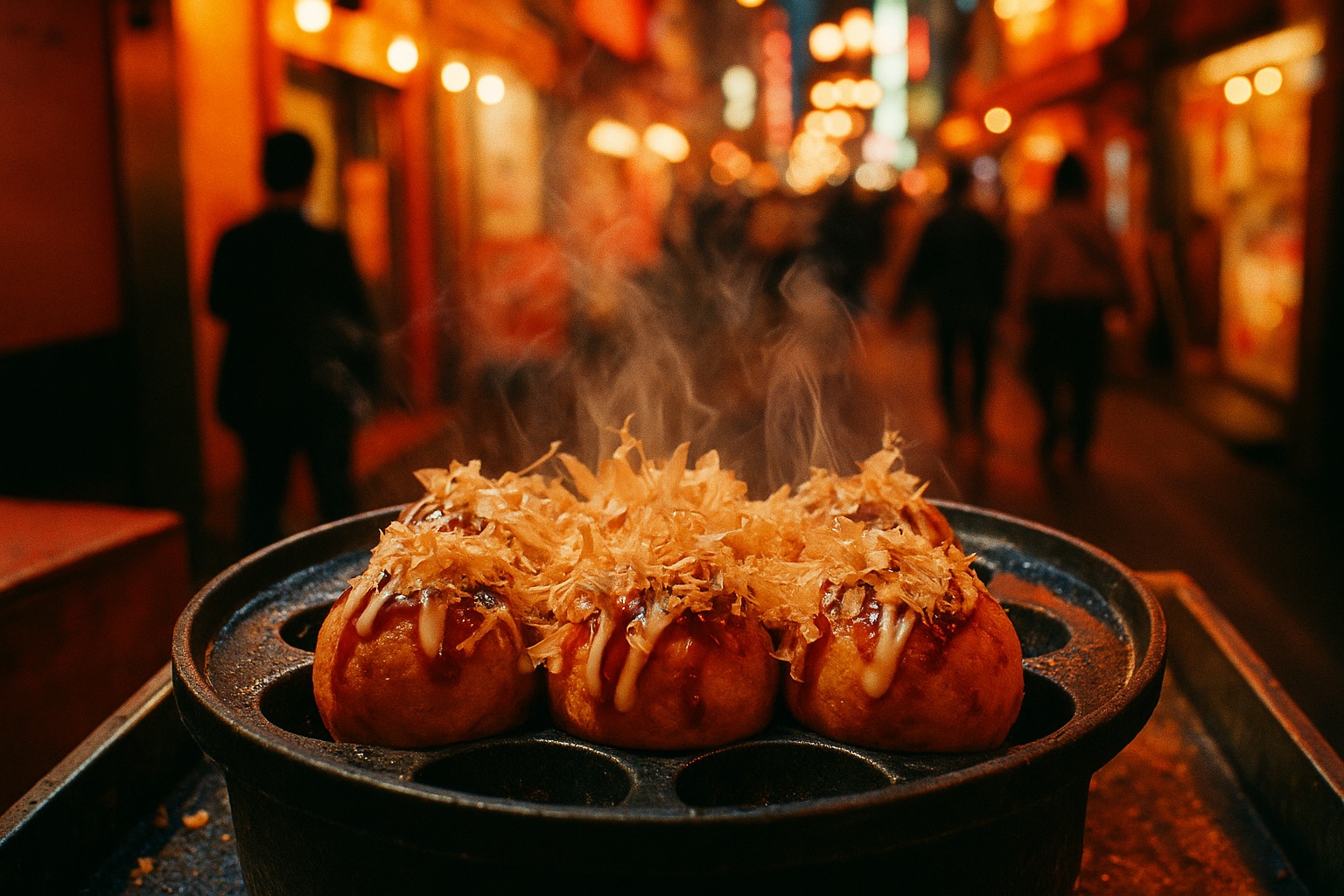 Freshly made takoyaki at an Osaka street stall