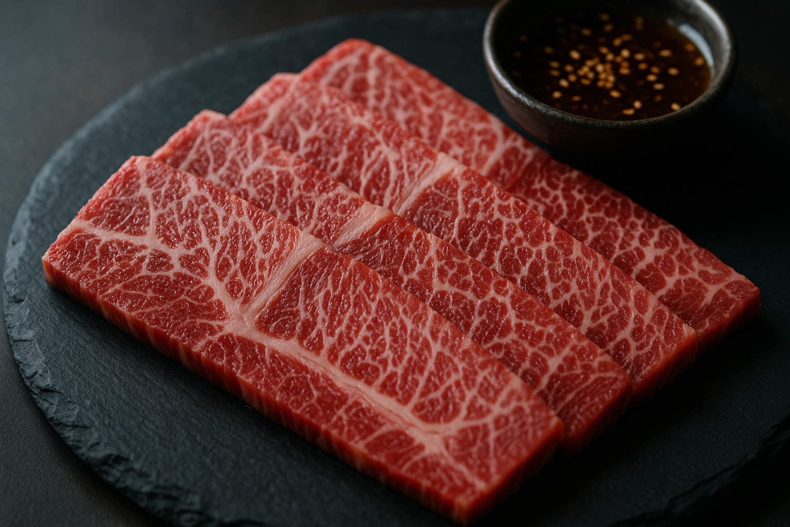Perfectly marbled A5 Kuroge Wagyu kalbi slices on a dark ceramic plate with rock salt
