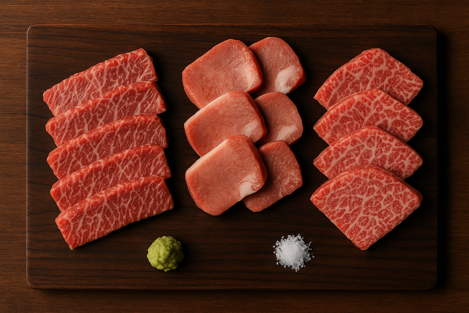 Seven-cut wagyu yakiniku platter on a dark stone plate with tongue, kalbi, loin, harami, fillet and other cuts