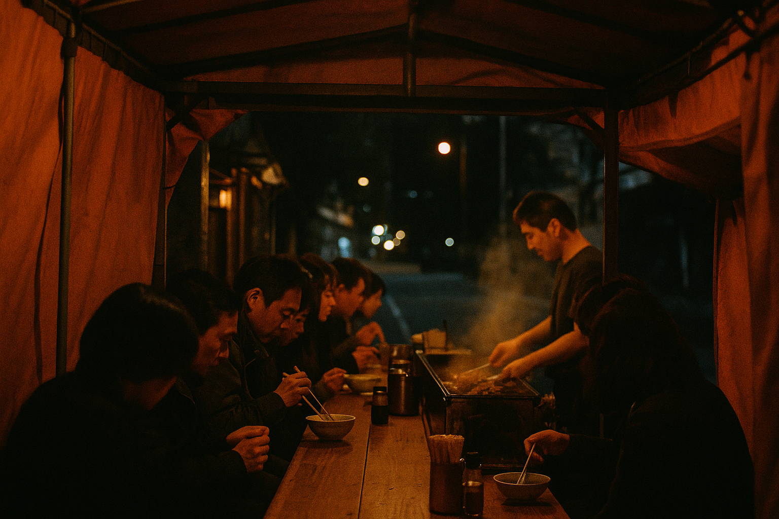 Looking out from inside a Fukuoka yatai stall at night — diners at the narrow counter