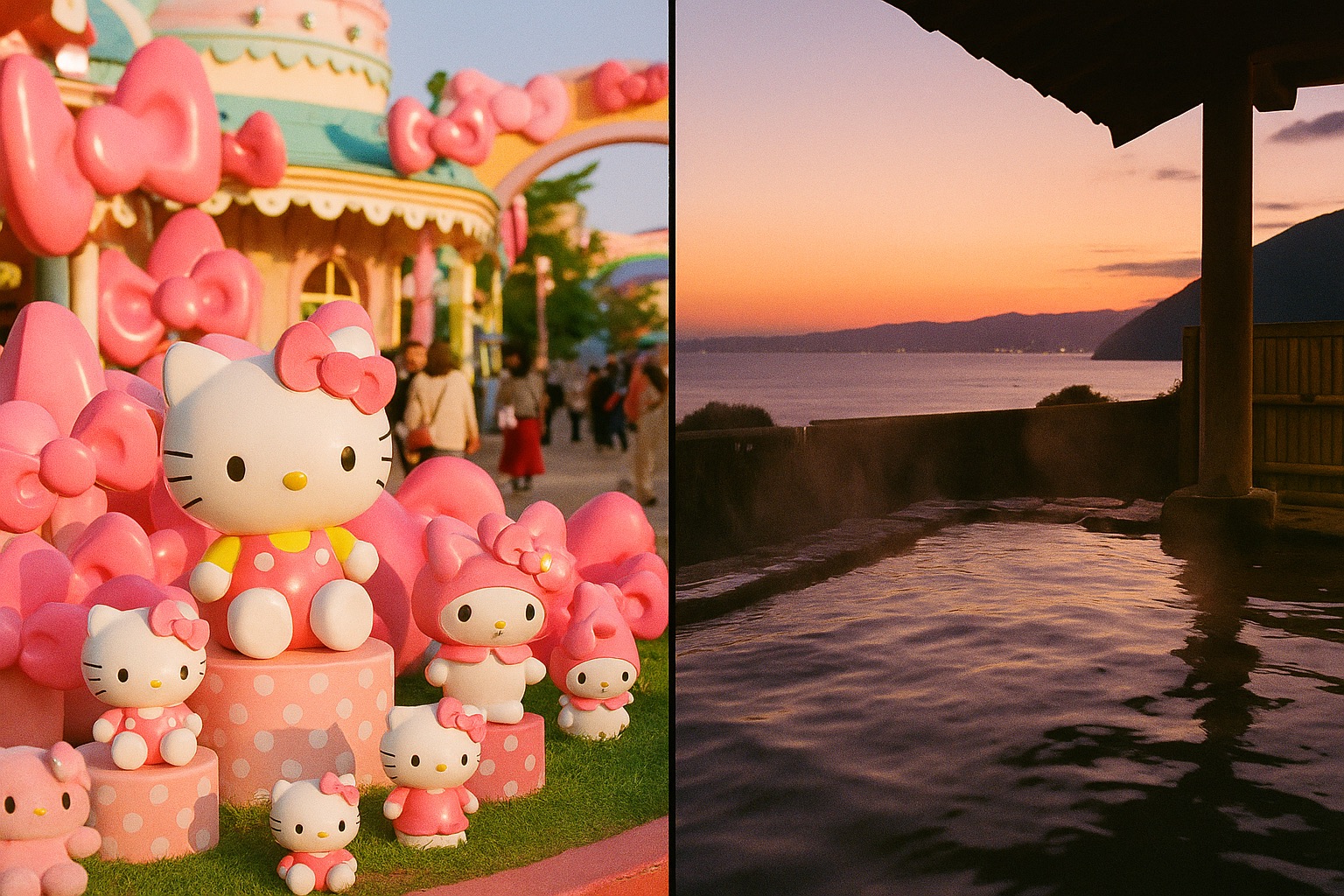 Harmonyland Hello Kitty theme park in the morning, Beppu onsen at sunset — a perfect Oita day
