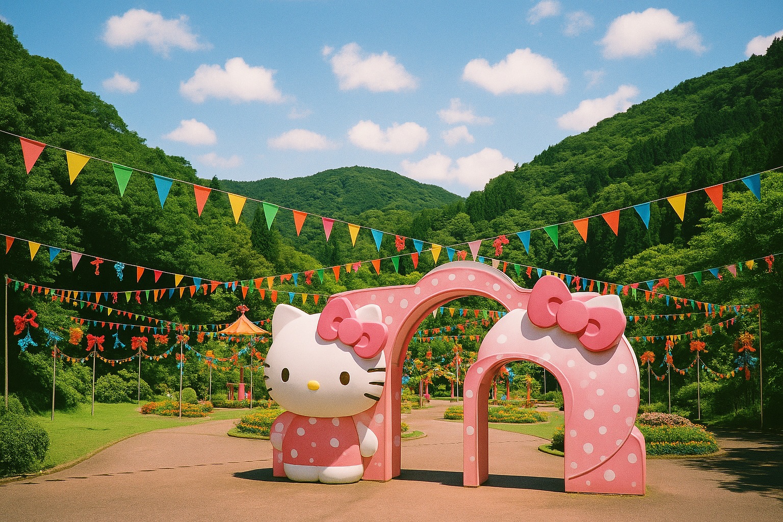 Harmonyland theme park entrance in the green hills of Oita Prefecture