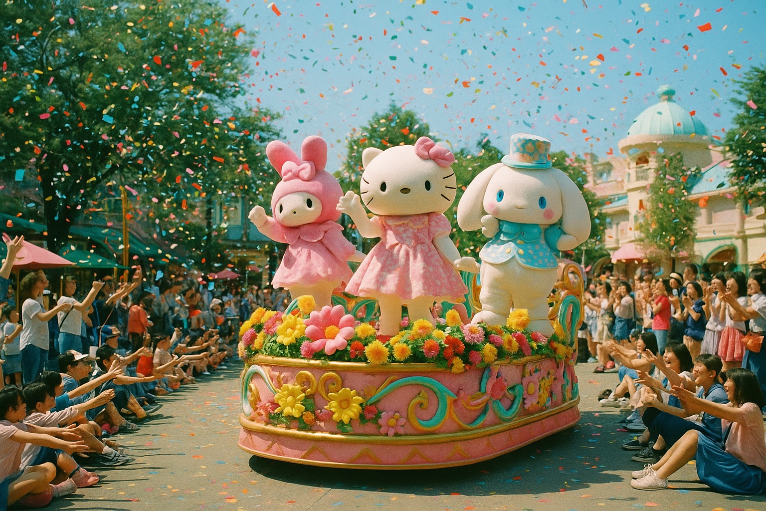 Sanrio Star Parade with Hello Kitty, My Melody and Cinnamoroll characters at Harmonyland