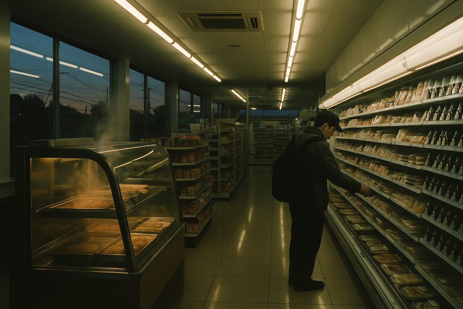 A Japanese convenience store at dawn with a local choosing onigiri