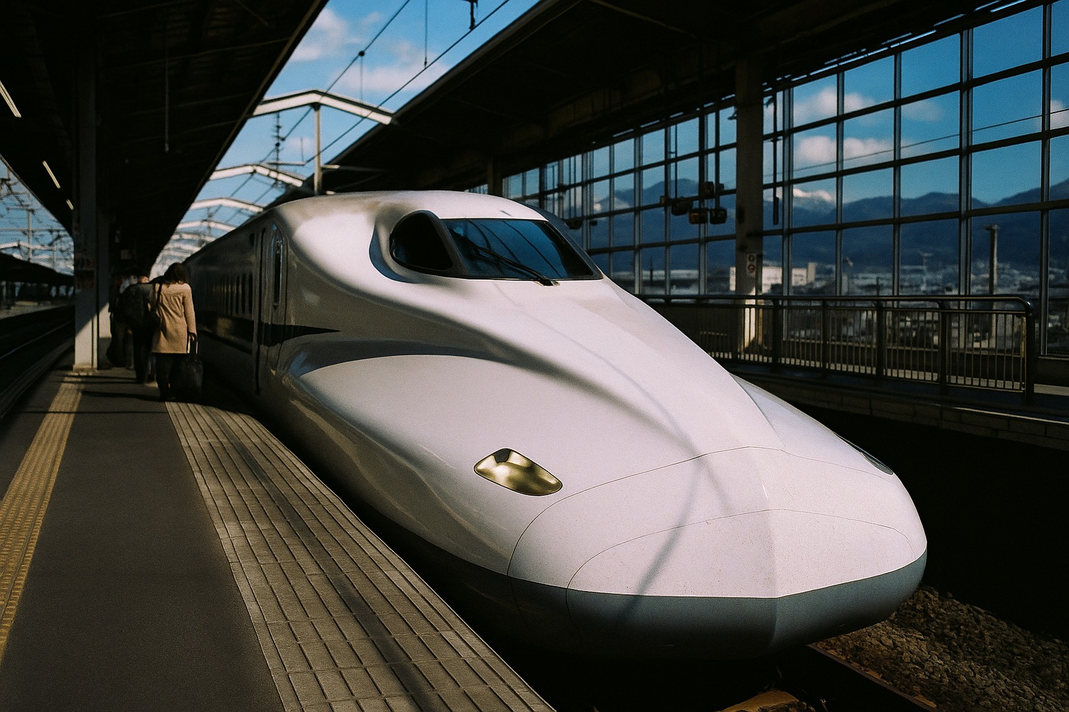 A shinkansen bullet train waiting at a platform in Kyushu