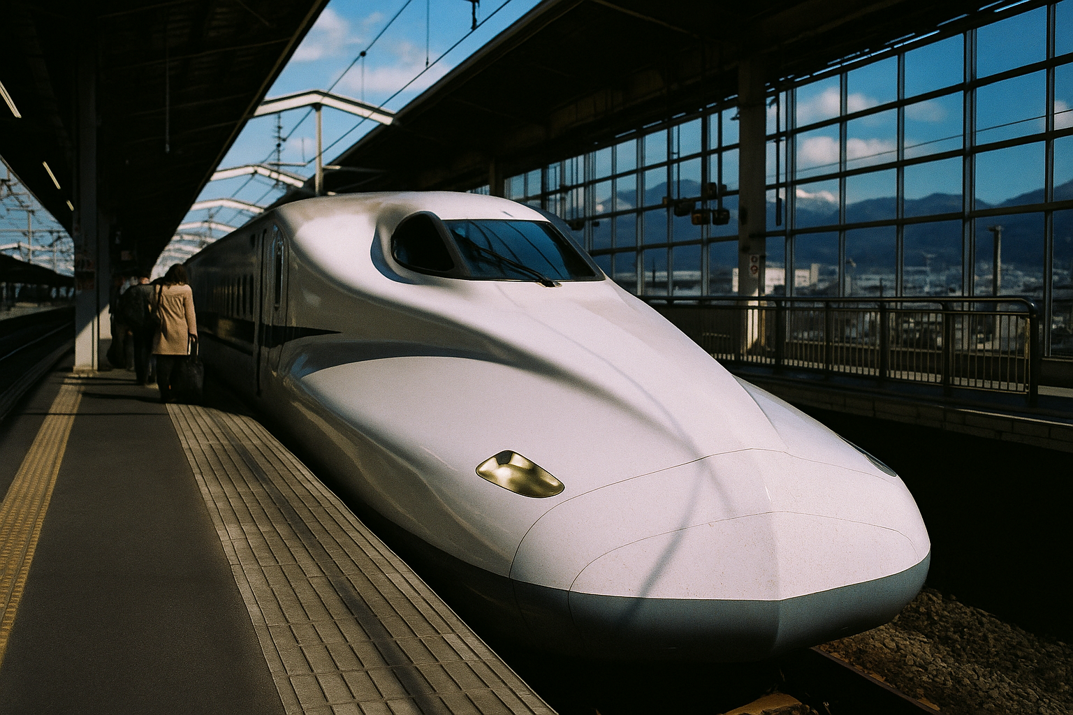 A Shinkansen bullet train at a station platform, seen from low angle